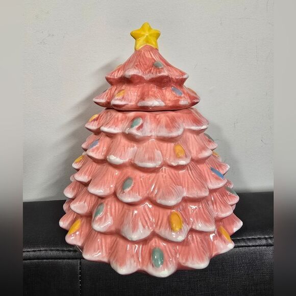 New Pink Christmas Tree Ceramic Cookie Jar - Picture 1 of 6